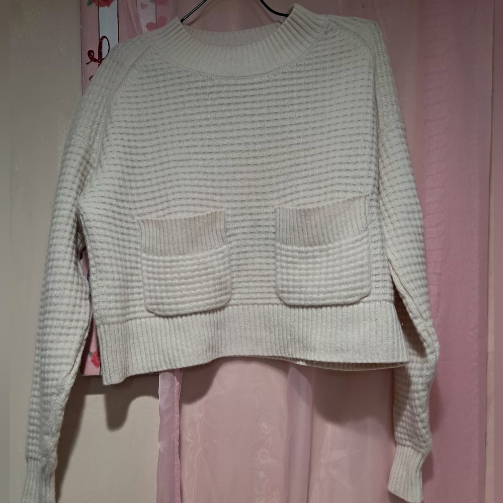 Everlane Recycled Cashmere Waffle Knit Crew Neck Sweater with Pockets – Cream XS - Picture 6 of 15